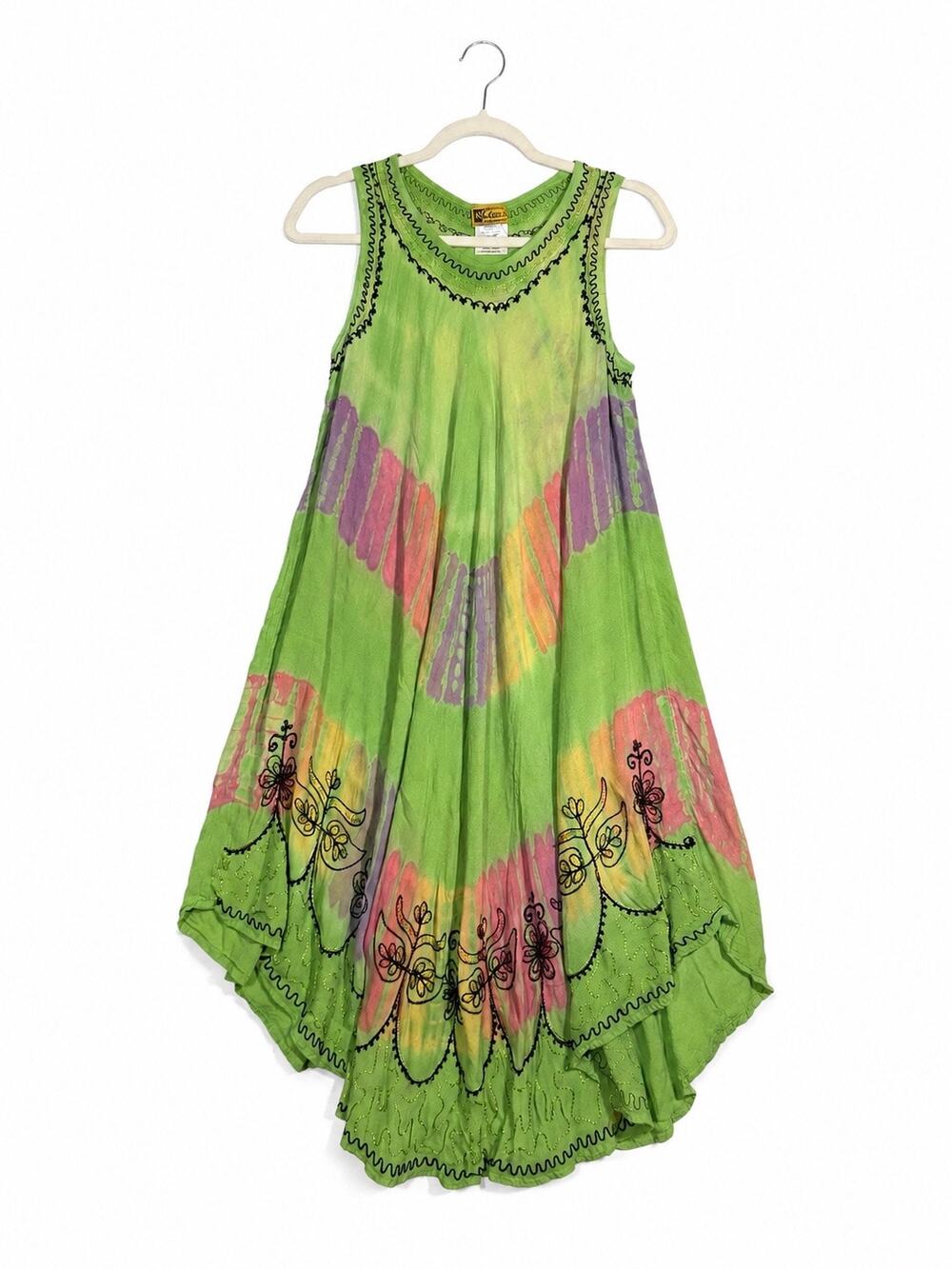 IN Gear Women’s One Size Green Tie-Dye Embroidered Boho Handkerchief Midi Dress